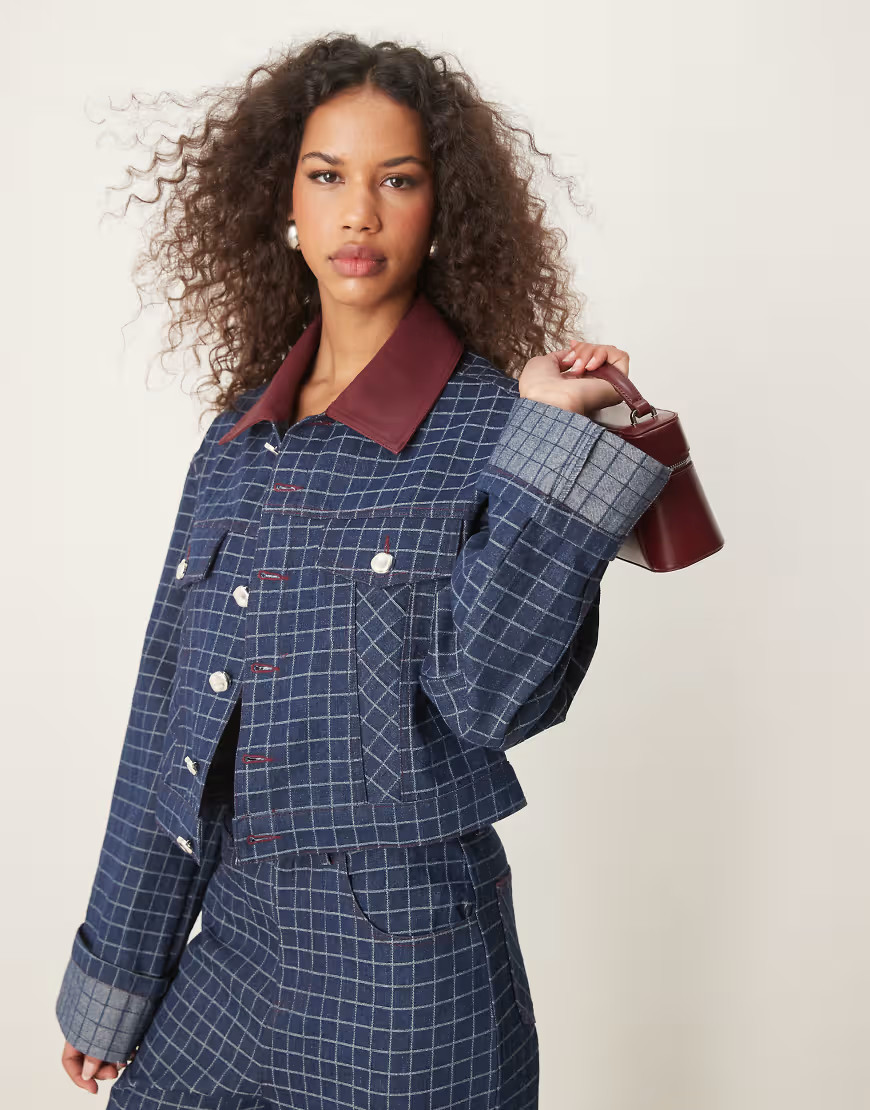 Ghospell contrast PU collar denim jacket in blue check - part of a set | ASOS (Global)