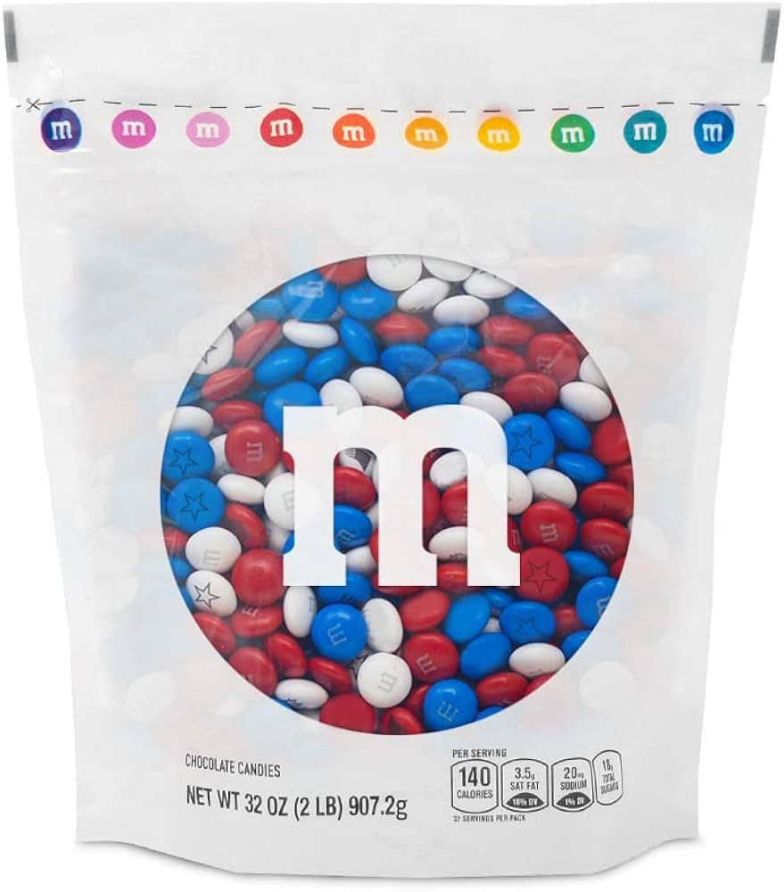 M&M’S WORLD Red, White, and Royal Blue Milk Chocolate Candy - 2lbs Bulk Resealable Bag for Cele... | Amazon (US)