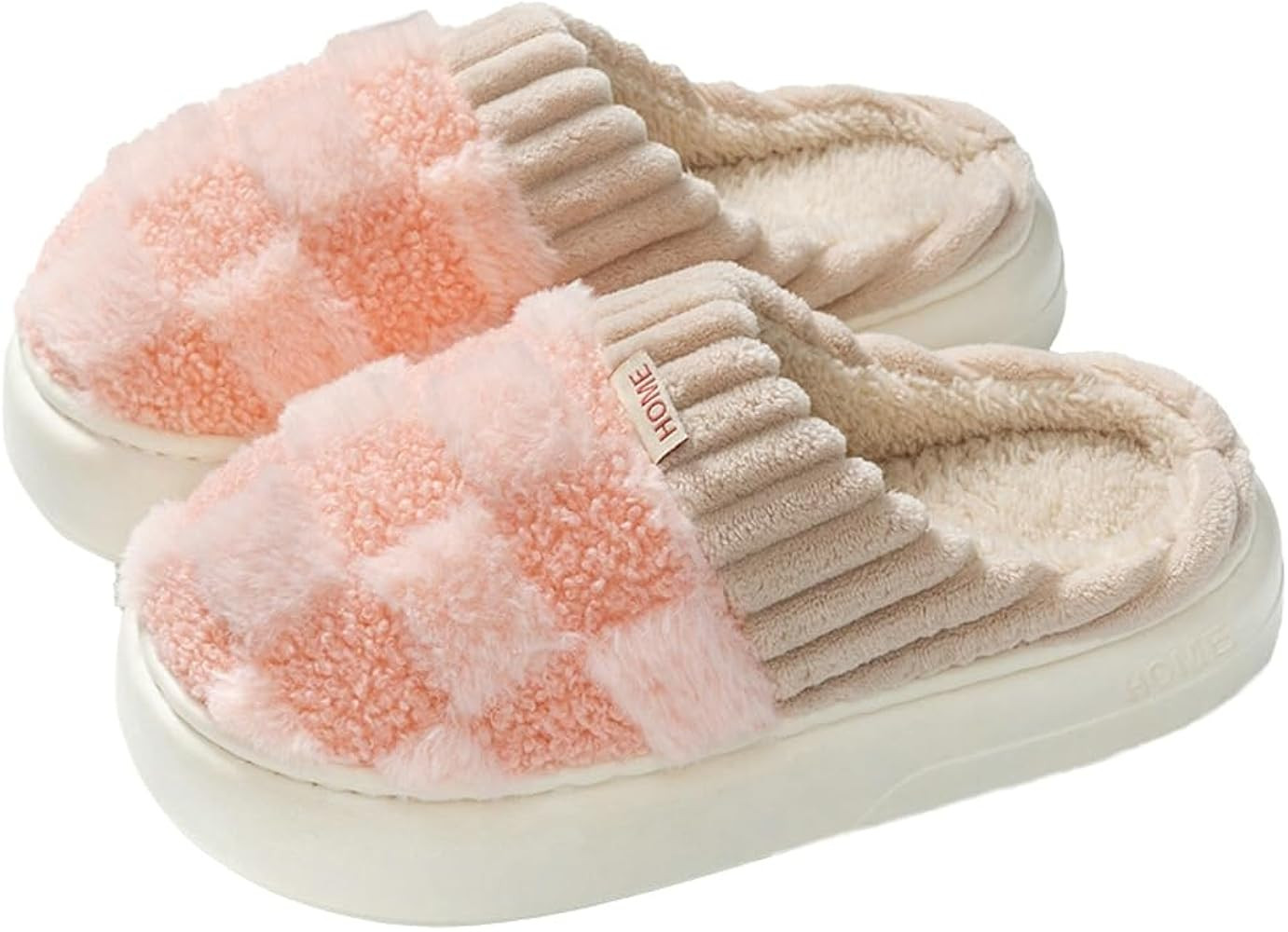 Plush Slippers for Women Men Plaid Cuff Warm Fuzzy Fleece Slipper Cozy Memory Foam Checkered Home... | Amazon (US)