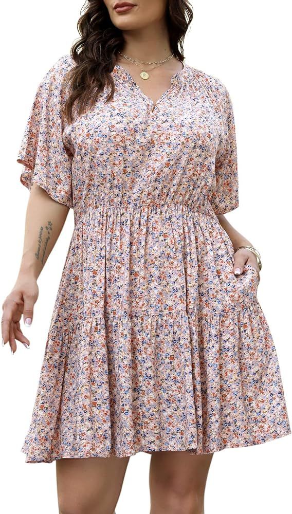 Nemidor Womens Plus Size Floral Print Boho Casual Layered Swing Skater Dress with Pocket NEM299 | Amazon (US)