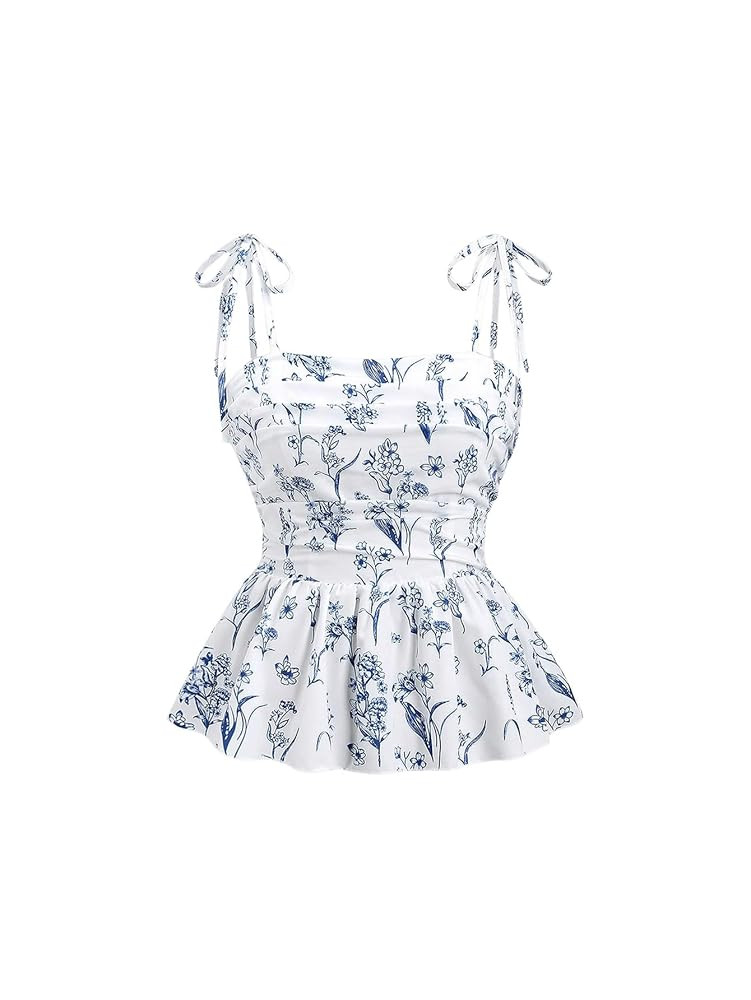 Floerns Women's Floral Print Tie Shoulder Sleeveless Ruched Flare Peplum Cami Tops | Amazon (US)