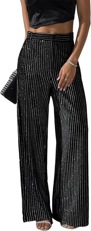 heipeiwa Women's Stripes Velvet Palazzo Pants High Waist Wide Leg Sparkle Shiny Sequin Glitter Tr... | Amazon (US)