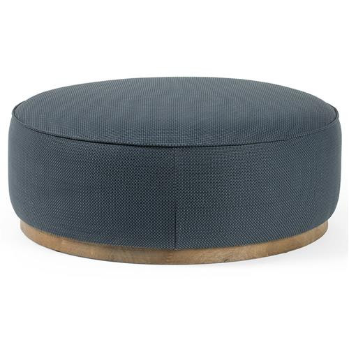 Leah Modern Classic Blue Faux Leather Brown Wood Round Ottoman - Large | Kathy Kuo Home