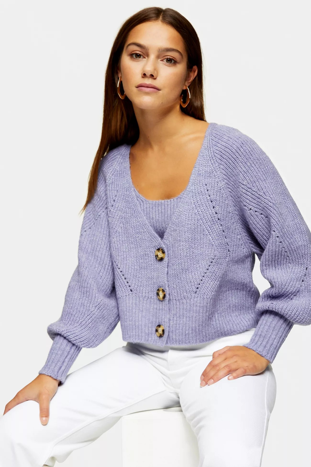 PETITE Lilac Balloon Sleeve Knitted Cardigan | Topshop UK
