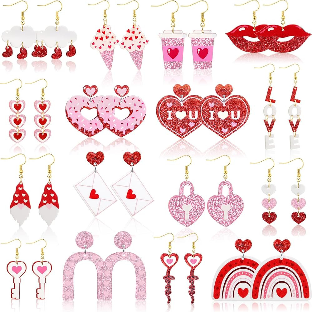 16 Pairs Valentine's Day Earrings Bulk for Women Acrylic Pink Red Heart Love XO Dangle Earrings H... | Amazon (US)