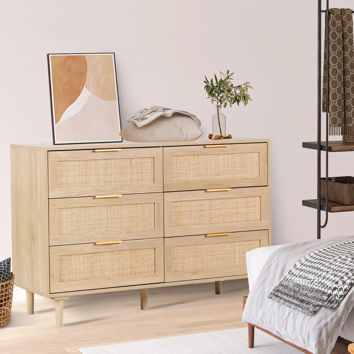 Rattan Dresser for Bedroom, Modern 6 Drawer Double Dresser with Gold Handles, Wood Storage Chest of Drawers fo Bedroom,Living Room,Hallway (Natural) | Amazon (US)