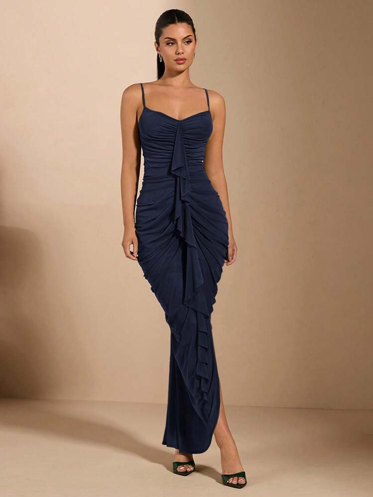 SHEIN BAE Elegant Figure-Hugging Dress With Ruched Detail & Ruffle Trim | SHEIN
