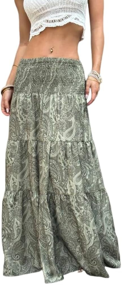 ZAFUL Women’s Summer Boho Maxi Skirts Bohemian Print Smocked High Wasited Flowy Tiered Ruffle L... | Amazon (US)