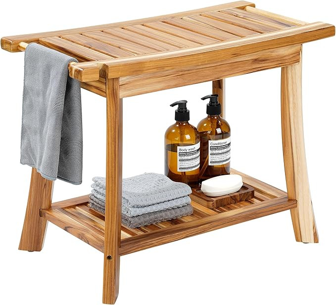 24" Solid Teak Shower Bench with Towel Bar & Storage Shelf - Waterproof Bath Stool with Fixed Non... | Amazon (US)