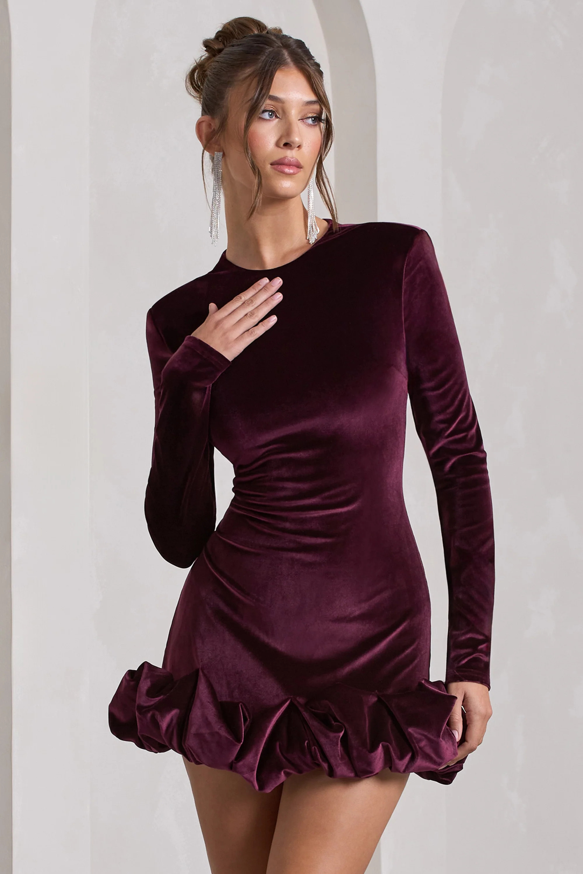 Claudine  Port Velvet Long-Sleeved Ruffled Mini Dress | Club L London