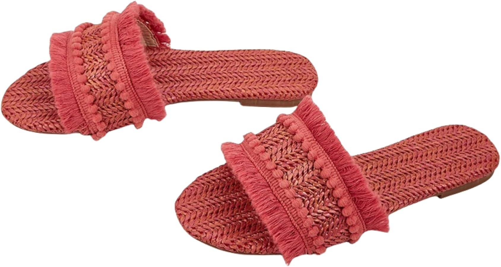 Women's Raffia Sandals Straw Woven Flats Fringe Crochet Nonslip Comfy Beach Slides for Summer | Amazon (US)