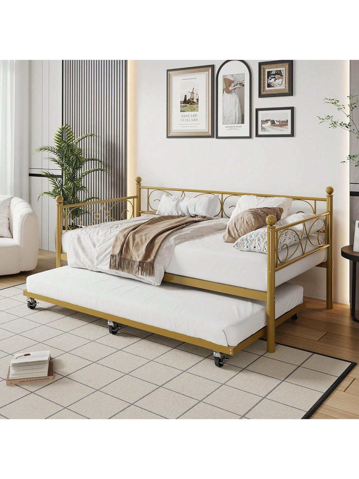 GarveeLife Gold Daybed with Trundle/ Twin Size Metal Sofa Bed/ Floral Headboard/ Heavy Duty Slats/ Modern Guest Bed Frame one_size | BED-FF146 | Lowe's
