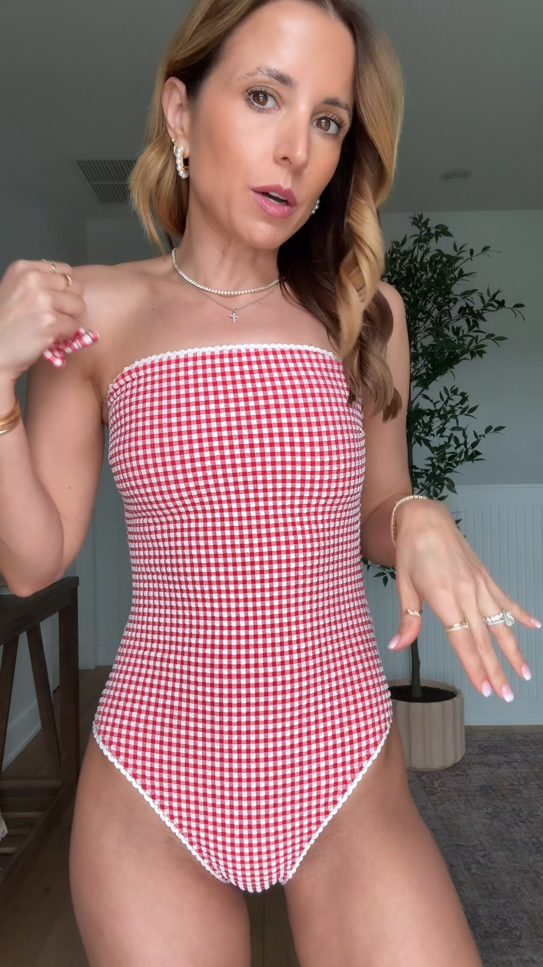 Abercrombie red gingham swimsuit in XS. Comes with straps you can add. Cheeky style bottoms. Memorial Day weekend. Vacation outfit. 4th of July outfit - add shorts or pants to wear as an outfit.

#LTKgrwm #LTKTravel #LTKSwim