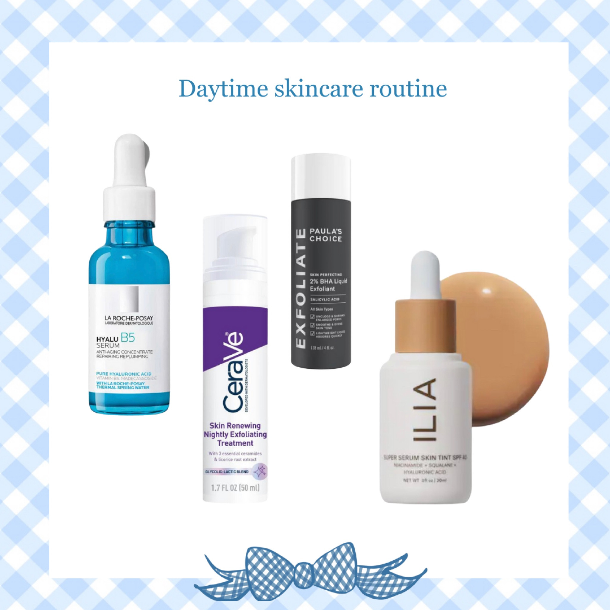 My daytime routine for glowy skin! I use the hyaluronic serum first after rinsing (no cleanser in the AM), the follow with an exfoliant (I alternate days with the Paula’s Choice and the Cerave), then top it off with the Ilia tinted sunscreen every day! The reason I use the exfoliant in the AM is so I can use a retinoid at night without irritation.

#skincare

#LTKbeauty
