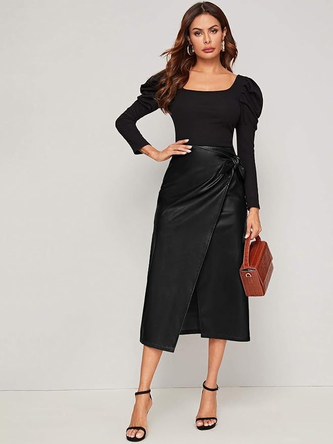 SweatyRocks Women's Elegant High Waist Knot Side Wrap PU Leather Midi Skirt | Amazon (US)