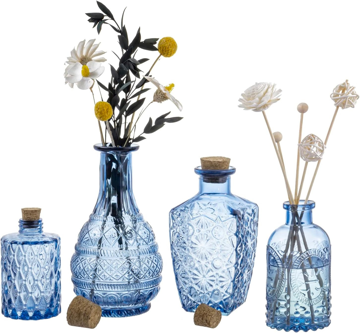 MyGift Small Blue Glass Reed Diffuser Bottles - Vintage Embossed Apothecary Style Flower Bud Vase... | Amazon (US)