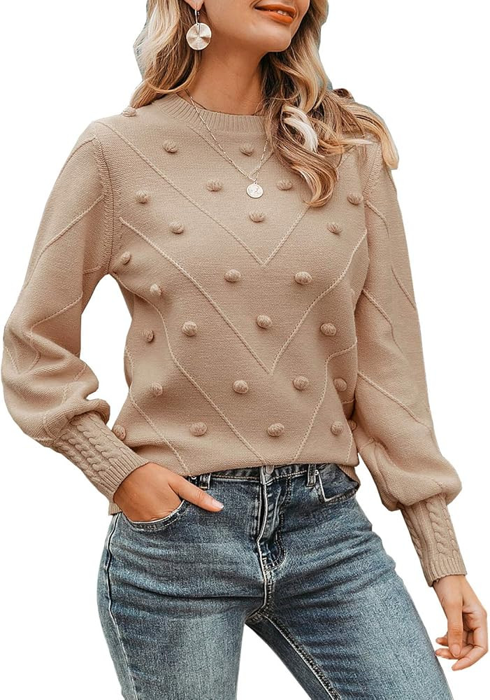 Miessial Women's Fall Crew Neck Pullover Sweater Cute Long Puff Sleeve Chunky Knit Sweater Pompom... | Amazon (US)