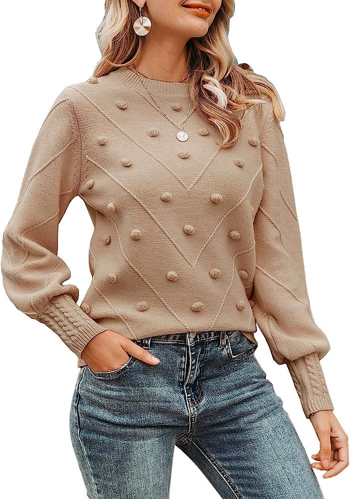 Miessial Women's Crew Neck Lantern Sleeve Sweater Pullover Elegant Knit Jumper Top | Amazon (US)