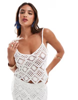 New Look diamond pattern crochet vest co-ord in cream | ASOS (Global)