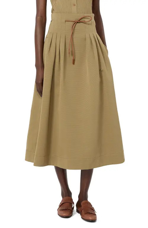 Max Mara Tempio Pleated Cotton Ottoman Midi Skirt in Kaki at Nordstrom, Size 0 | Nordstrom