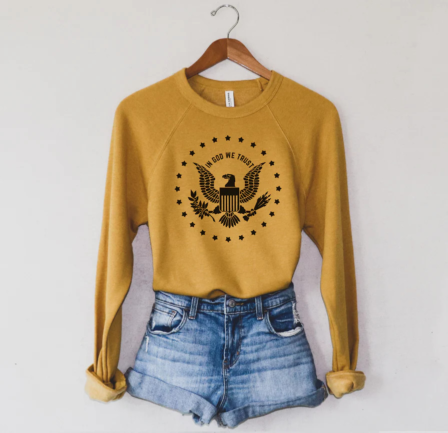 IN GOD WE TRUST - UNISEX RAGLAN SWEATER (COLOR: MUSTARD) | BETTY RUKUS