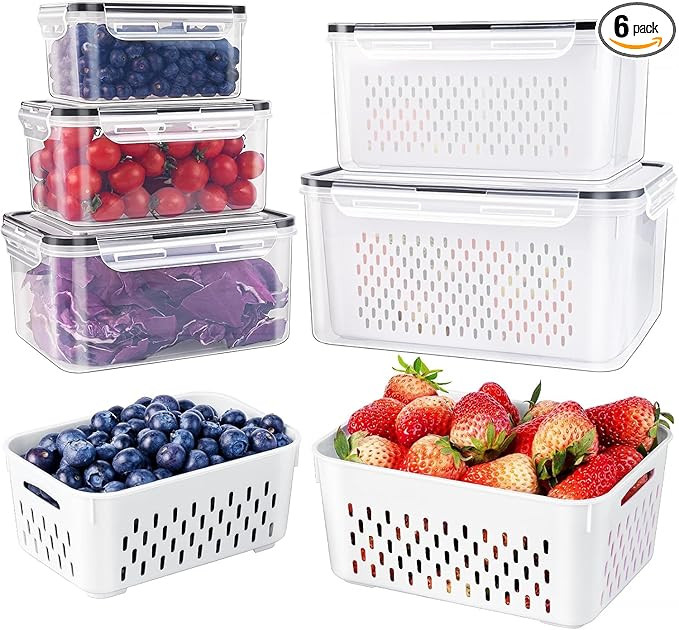 6 PCS Large Fruit Containers for Fridge - Leakproof Food Storage Containers with Removable Coland... | Amazon (US)