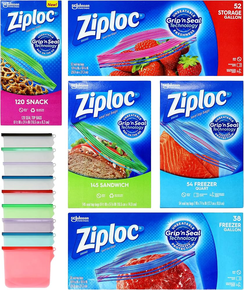 Ziploc Bags kit 5-Pack Variety | 52 Storage Gallon Bags, 38 Freezer Gallon Bags, 54 Freezer Quart... | Amazon (US)