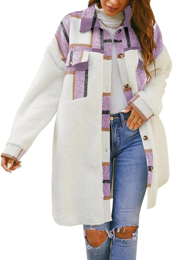 FSHAOES Womens Winter Coats Fuzzy Fleece Jacket Shacket Plaid Lapel Button Down Flannel Shirt Lig... | Amazon (US)