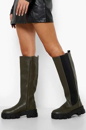 Cleated Chunky Sole Knee High Chelsea Boots | Boohoo.com (US & CA)