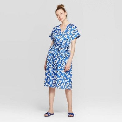 Women's Floral Print Short Sleeve V-Neck Wrap Dress - Who What Wear™ Blue/White | Target