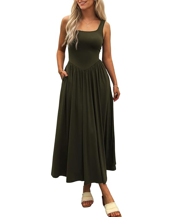 Women's Summer Maxi Dress 2025 - Sleeveless Square Neck Casual Beach Sundress with Pockets, Flowy... | Amazon (US)