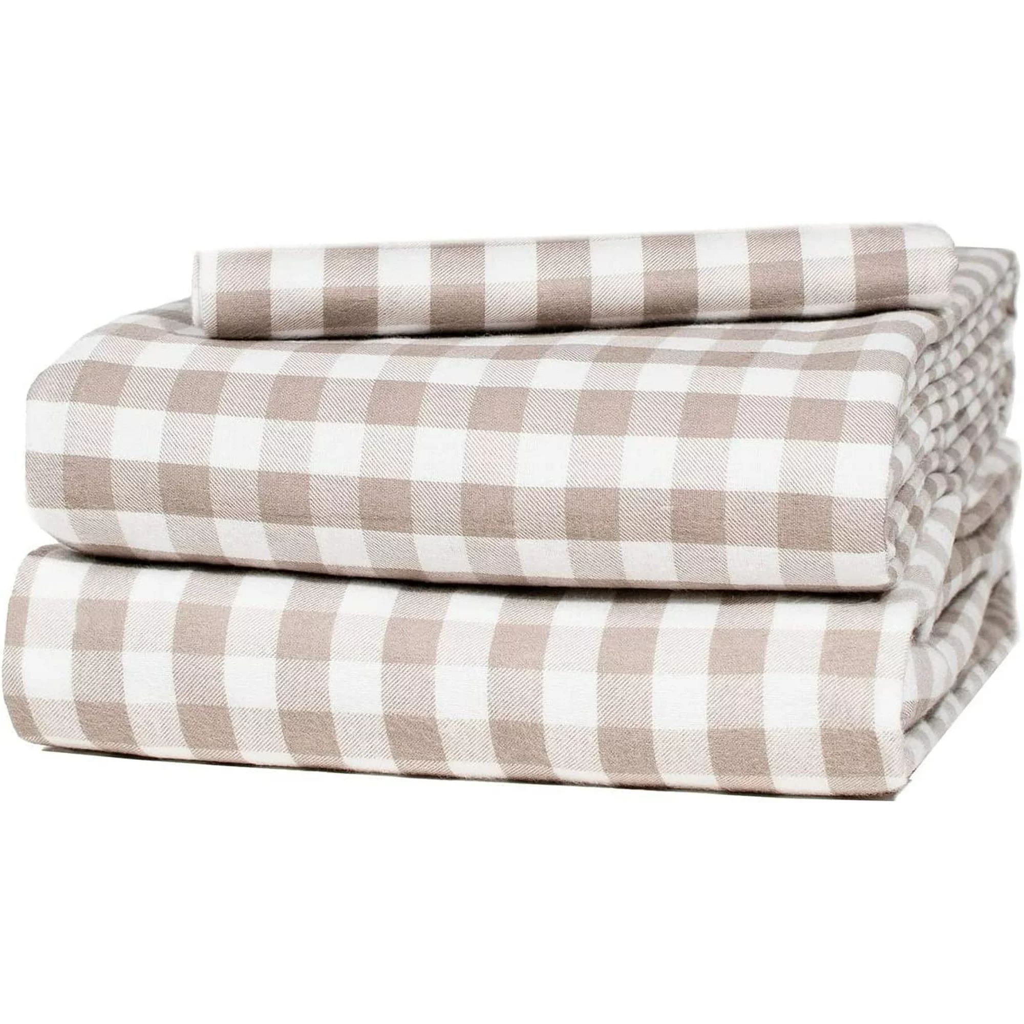 Five Looms Cotton Cozy Flannel Bed Sheet Set, Twin (Gingham Beige, 3 Piece) | Walmart (US)