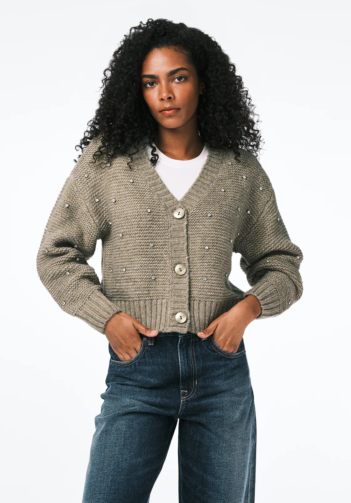 Odilia Women's Embellished Knit Button-Up Cardigan, Dk Green - SW0163 | Buffalo David Bitton