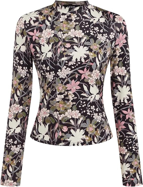 CIDER Women's Floral Knitted Long Sleeve Mock Neck Going Out Slim Fit Tops Fall Outfits Trendy Cl... | Amazon (US)