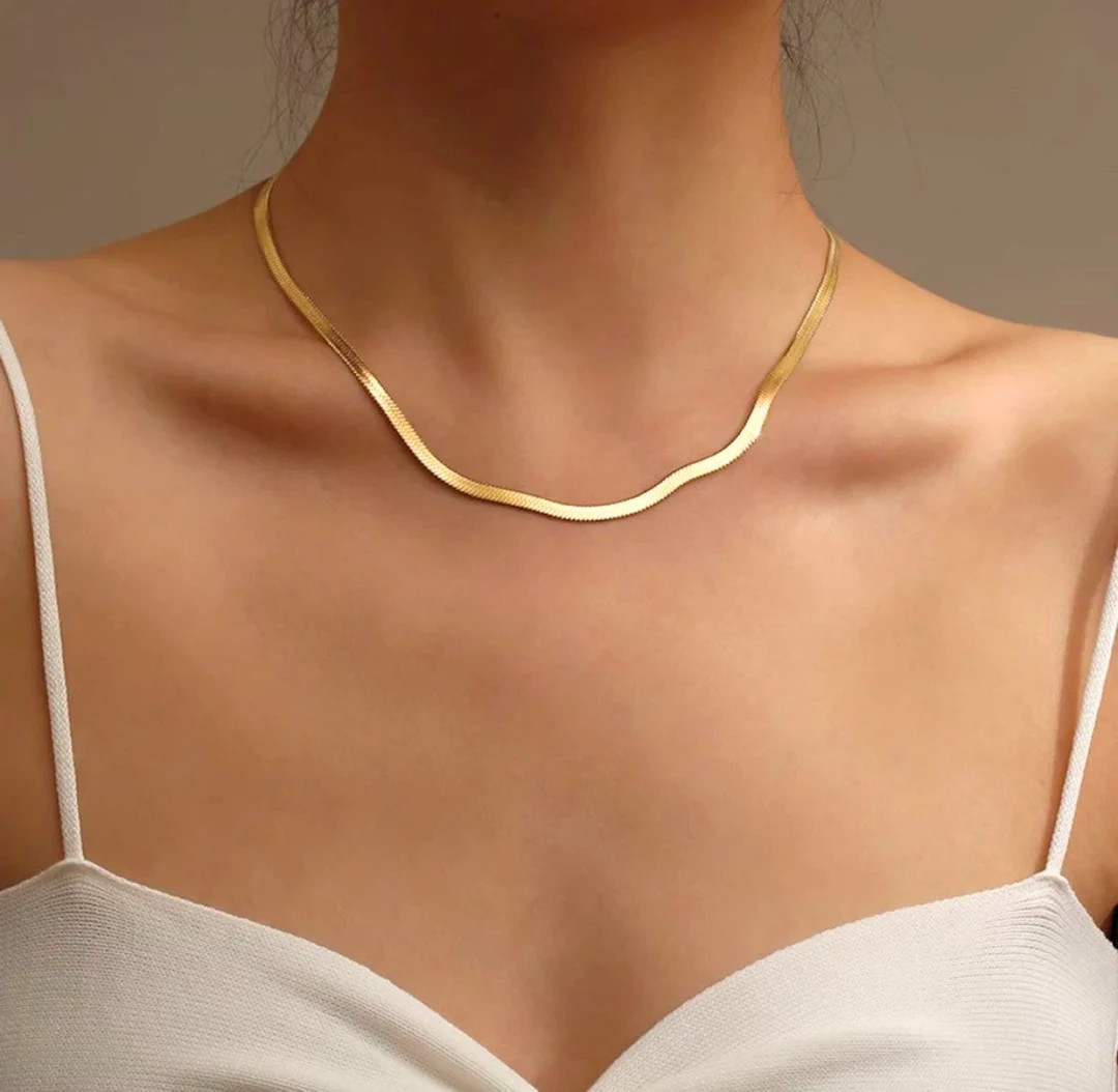 18k Gold Herringbone Necklace Snake Chain Necklace Flat - Etsy UK | Etsy (UK)
