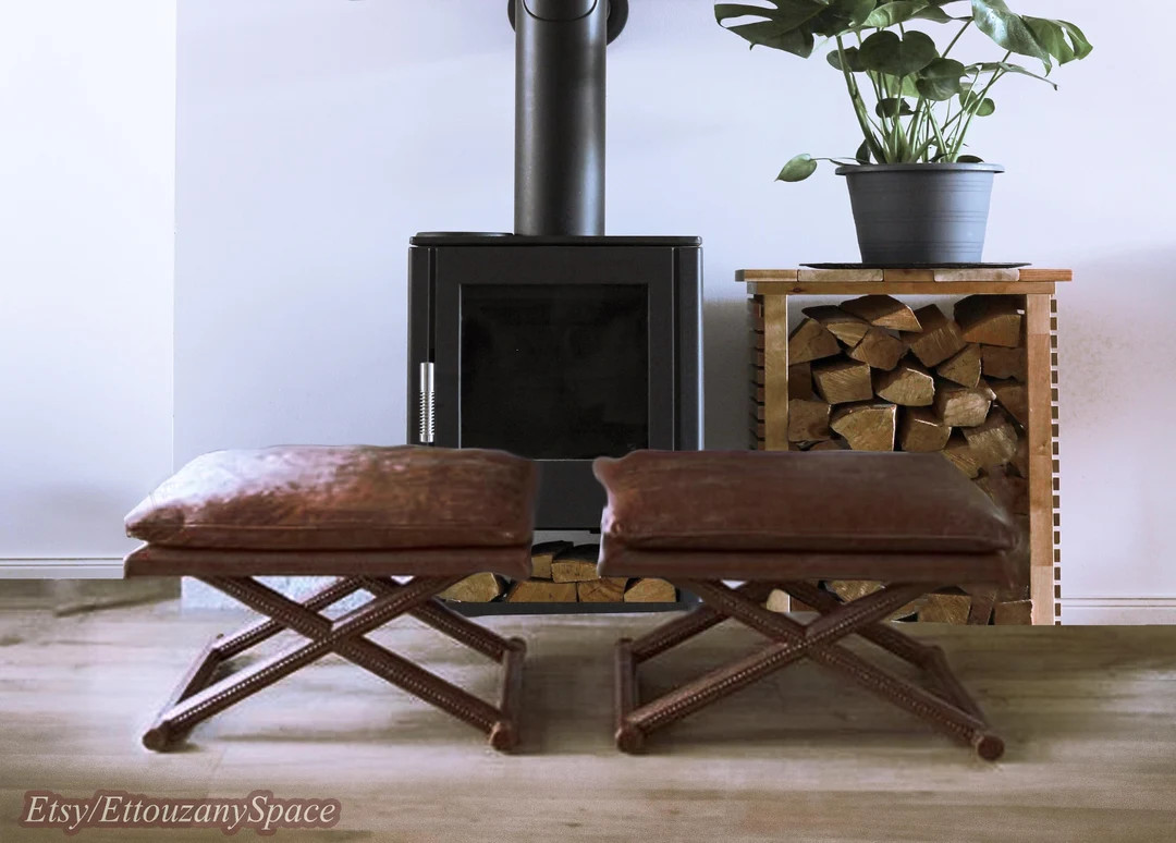 02-pcs BROWN Handmade Wooden Benches With Real Leather Cushions Handmade Stools - Etsy | Etsy (US)