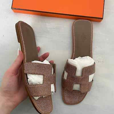 NEW Hermes Oran Women's Sandals Iconic "H" Brown Glitter Lizard Leather Flats | eBay US