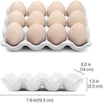 Flexzion Ceramic 12 Cups Egg Tray - Whole Dozen Porcelain Egg Holder Container Keeper Storage Organi | Amazon (US)
