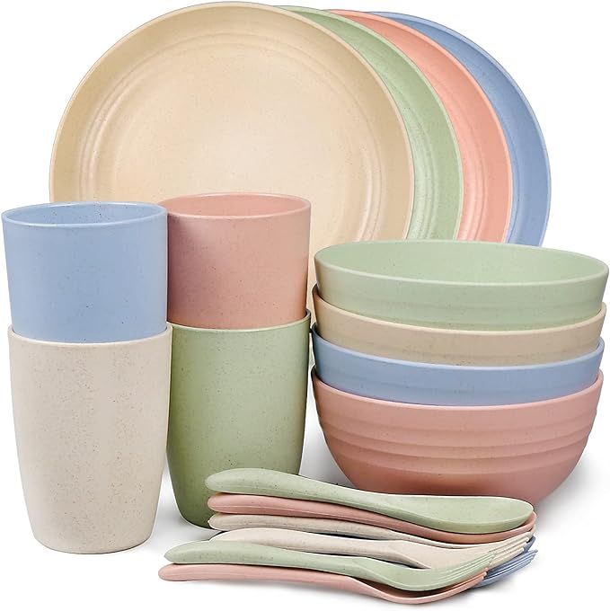 Shopwithgreen Wheat Straw Dinnerware Sets, 20 PCS Microwave Unbreakable Plates and Bowls Sets, Re... | Amazon (US)