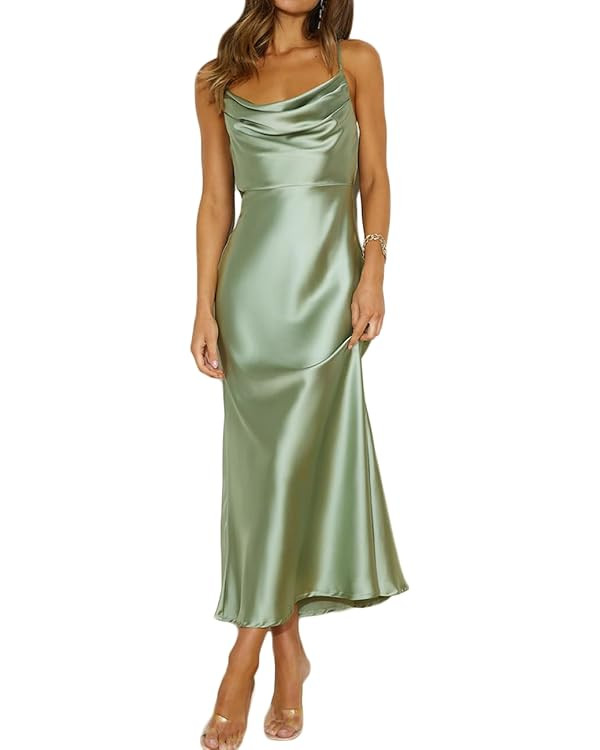 Summer Satin Spaghetti Strap Cowl Neck Backless Midi Dresses for Women Elegant Tie Low Back Ruche... | Amazon (US)