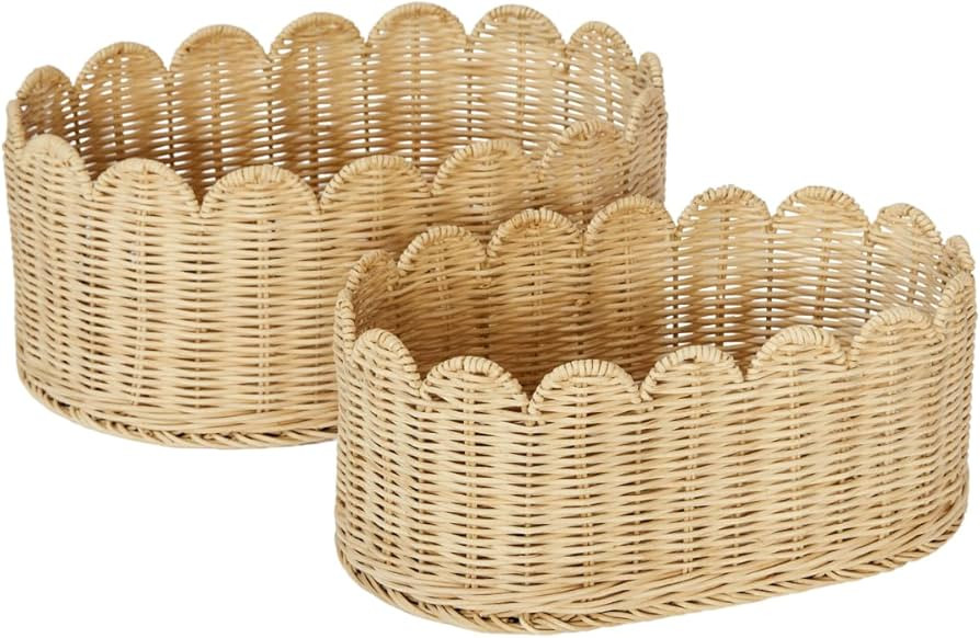 Scalloped Basket Set Of 2 - Hand Woven Scallop Basket - 16 x 10 x 7 In - Scalloped Wicker Basket ... | Amazon (US)