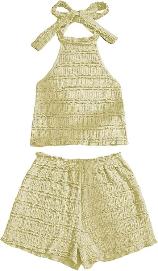 GORGLITTER 2 Piece Sets for Women Summer Crochet Textured Tie Back Crop Halter Tops and Shorts Se... | Amazon (US)