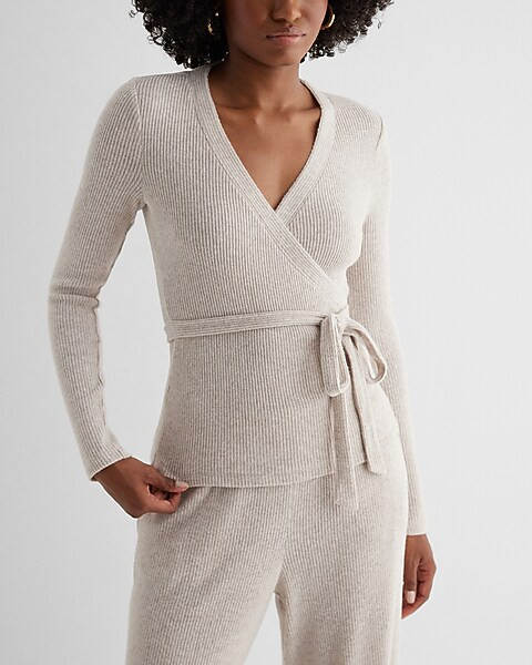 Ribbed Cozy Knit V-neck Surplice Tie Waist Top | Express