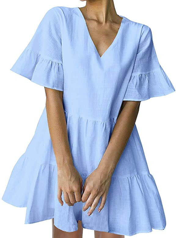 FANCYINN Women’s Cute Shift Dress with Pockets Bell Sleeve Ruffle Hem V Neck Loose Swing Tunic Mini  | Amazon (US)