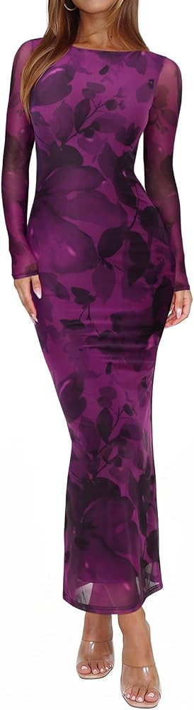 REORIA Women's Fall Mesh Sheer Long Sleeve Wedding Guest Dress Sexy Floral Bodycon Maxi Long Dres... | Amazon (US)