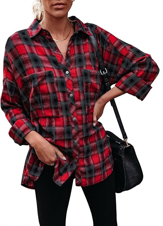 PINKMARCO Women Collar Neck Long Sleeve Oversized Flannel Plaid Shirts Casual Blouse Tops with Po... | Amazon (US)
