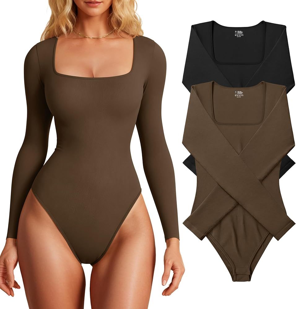 OQQ Women's 2 Piece Bodysuits Sexy Ribbed Long Sleeve Square Neck One Piece Bodysuits | Amazon (US)