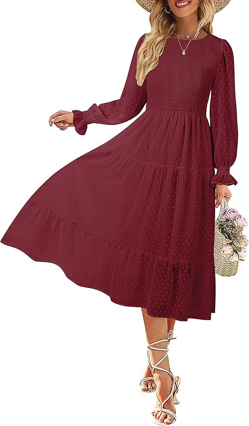 MEROKEETY Women's Casual Long Sleeve Smocked Dress Crewneck Swiss Dot Flowy Tiered Midi Dress | Amazon (US)