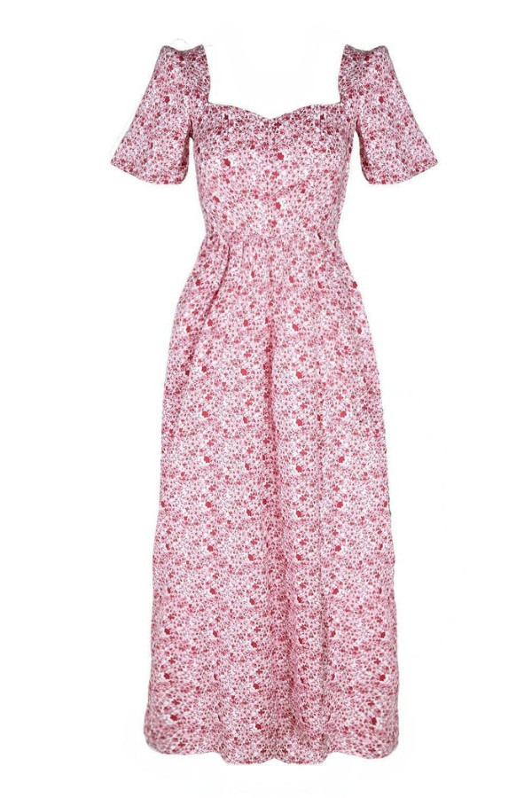 Beatrice Maxi Dress with Sweetheart Neckline / Pink + Milkly White Liberty Floral Cotton | Modatrova