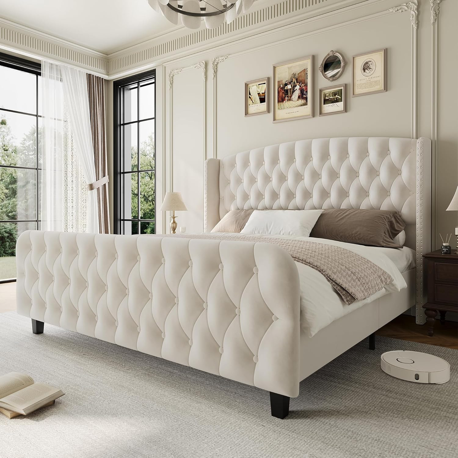 Qeetex King Upholstered Bed Frame-51in Tall-Wingback Headboard-Footboard-Velvet Platform-No Box Spring Needed-Easy Assemble-Cream in White | Lowe's
